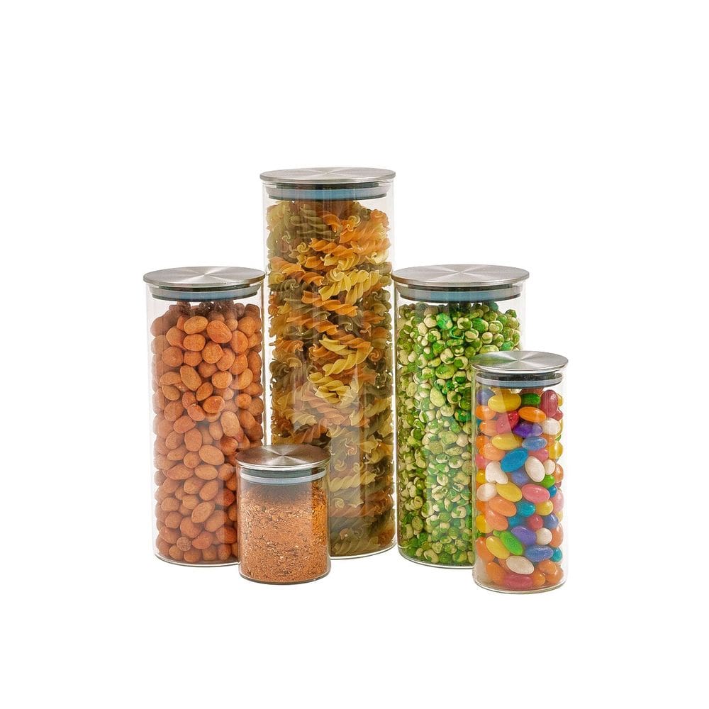 Kit 5 potes de vidro com tampa inox hermético redondo - Tud