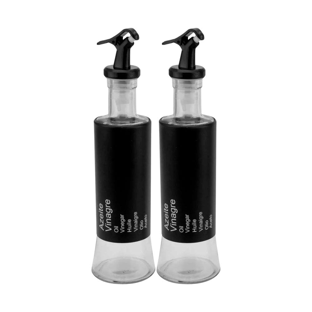 Kit 2 Azeiteiro Vinagreiro Recipiente em Vidro e Inox Preto com Bico Dosador