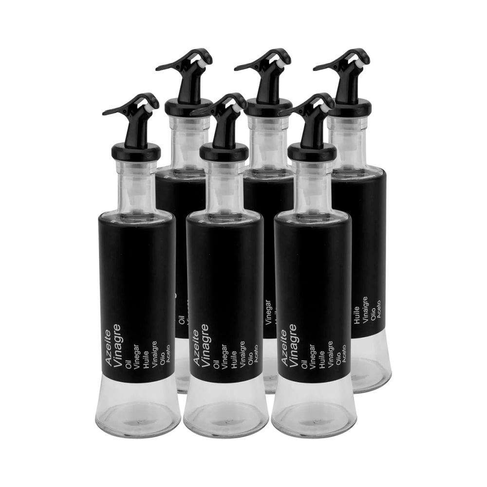 Kit 6 Azeiteiro Vinagreiro Recipiente em Vidro e Inox Preto com Bico Dosador
