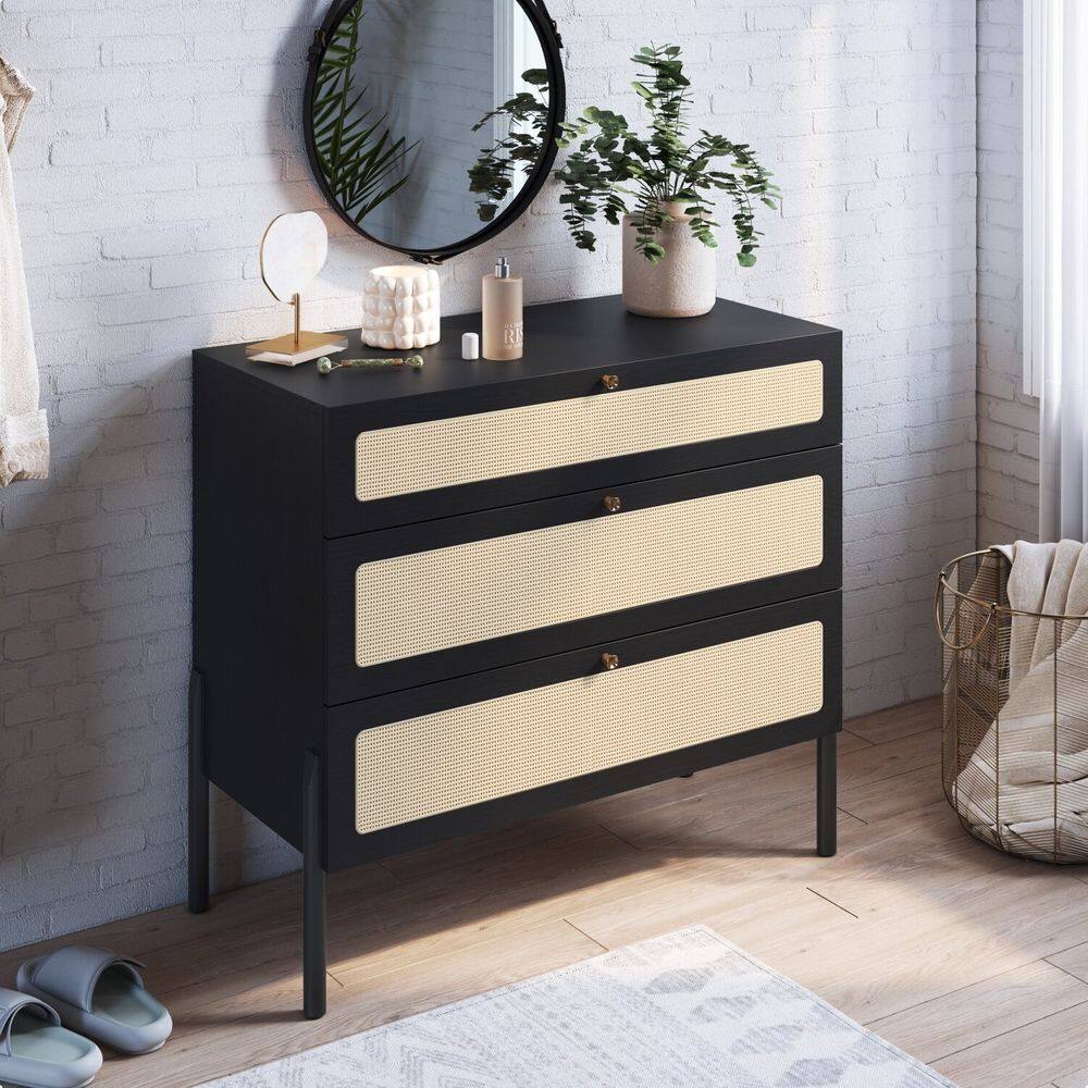 Cômoda 3 Gavetas Palhinha Pé Madeira Oslo Nero/Preto