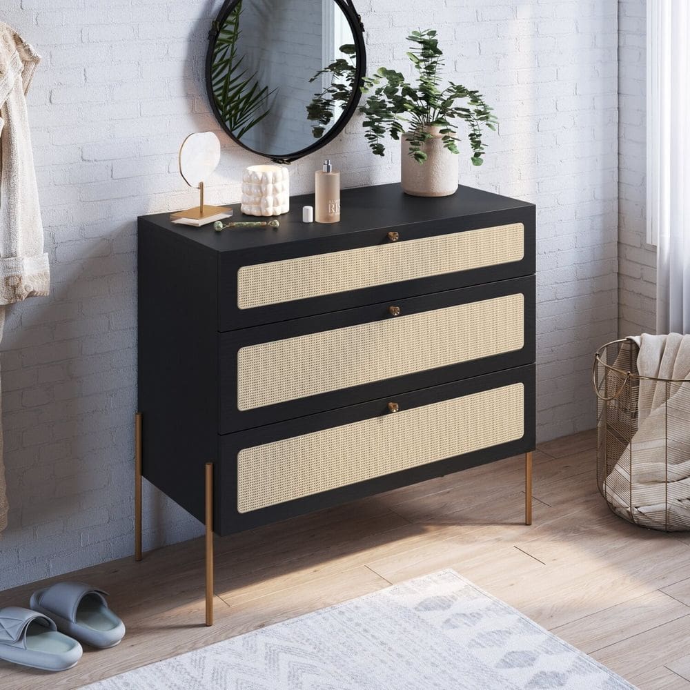 Cômoda 3 Gavetas Palhinha Pé Metal Oslo Nero/Dourado