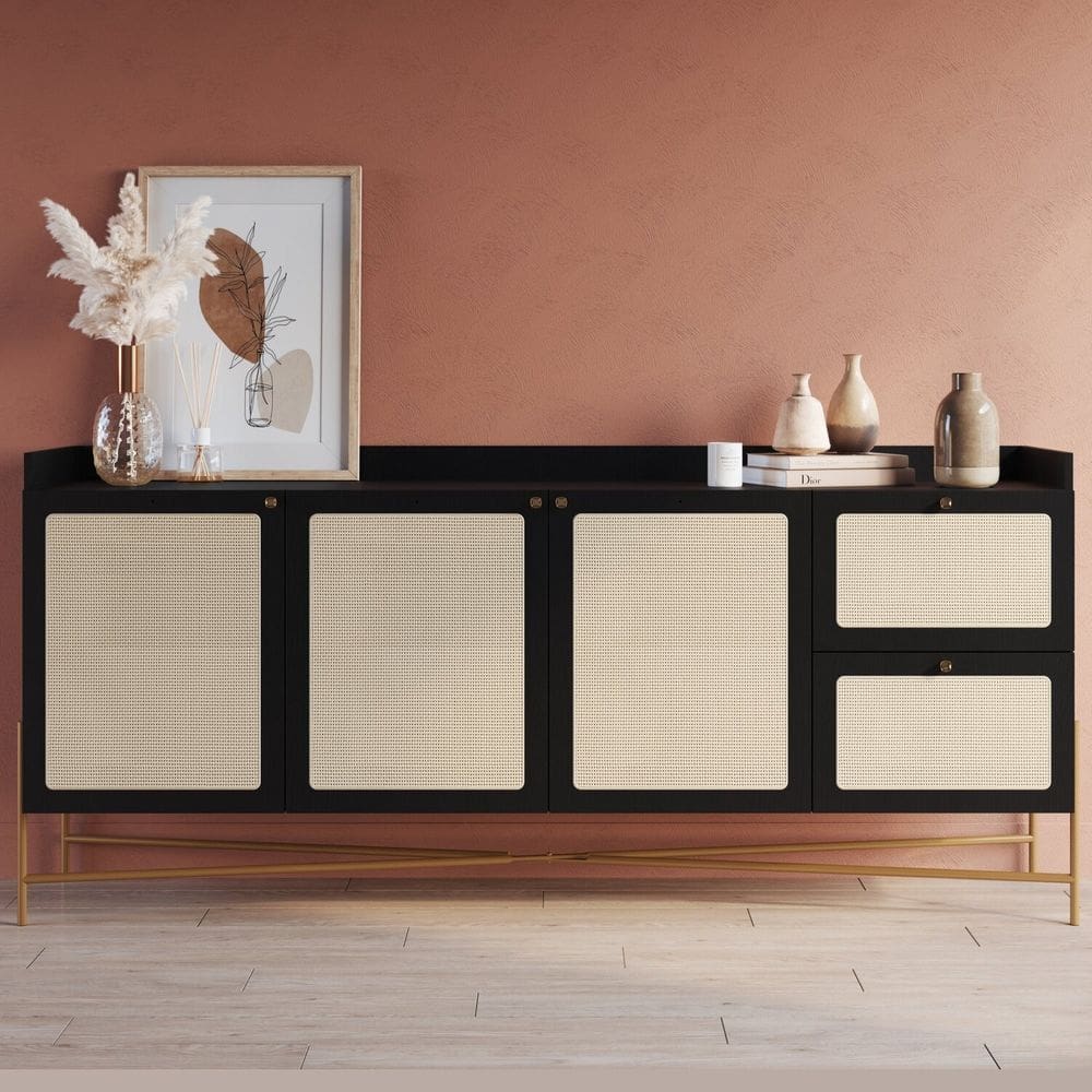 Buffet Aparador 3 Portas 2 Gavetas Palhinha Pé Metal Oslo Nero/Dourado