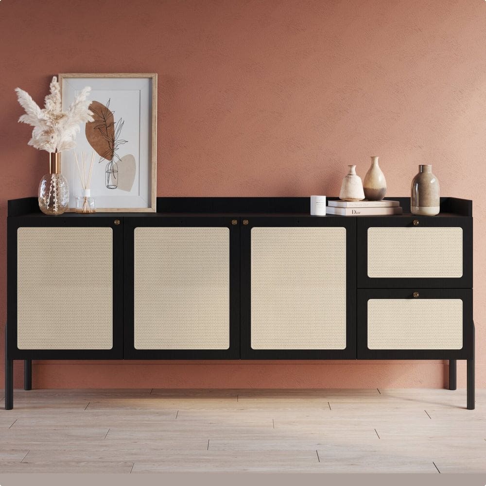 Buffet Aparador 3 Portas 2 Gavetas Palhinha Pé Madeira Oslo Nero/Preto
