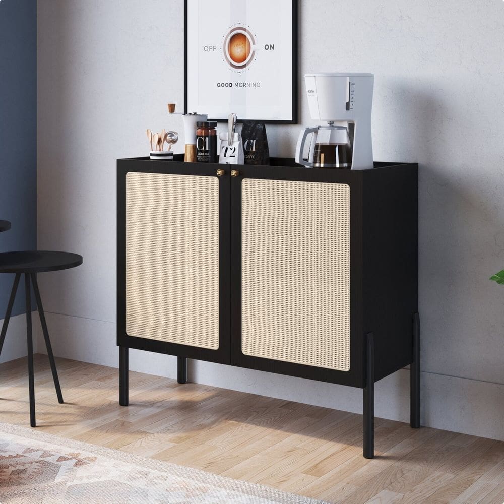 Balcão Bar 2 Portas 93cm Palhinha Pé Madeira Oslo Nero/Preto