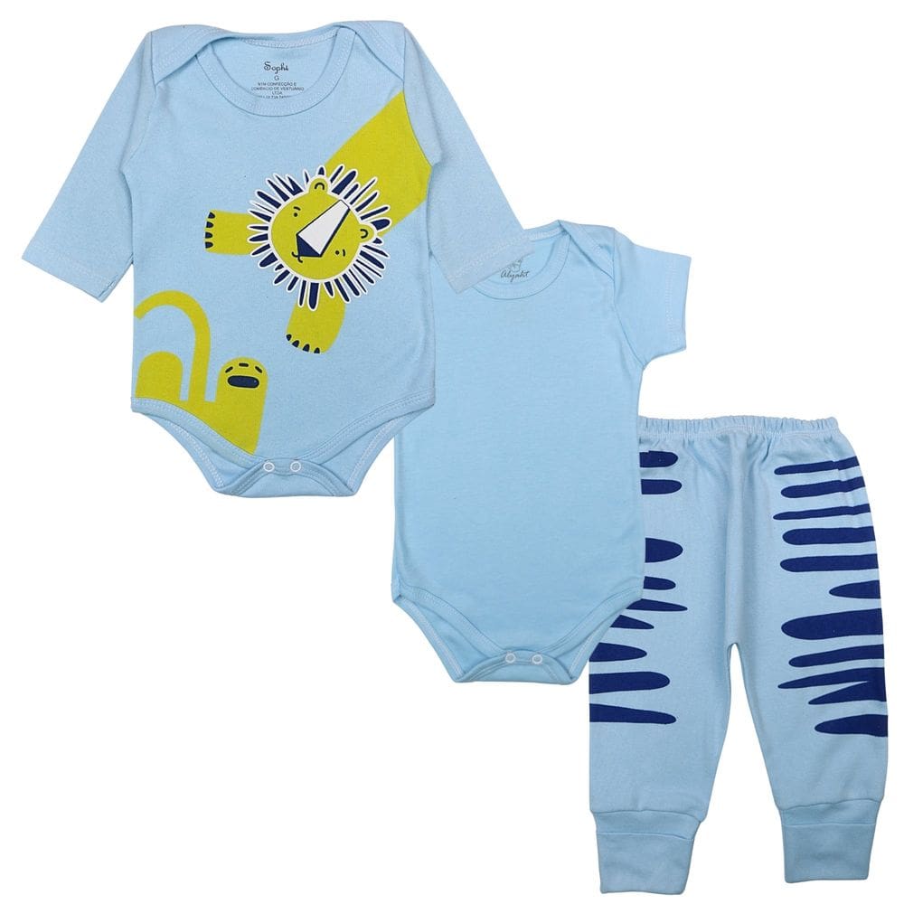 Kit  Body Bebê Algodão Azul Claro Estampado Menino