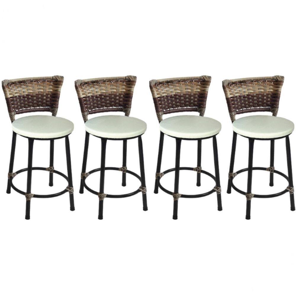 Kit 4 Banquetas Baixas Preta com Encosto Junco Capuccino Assento Branco