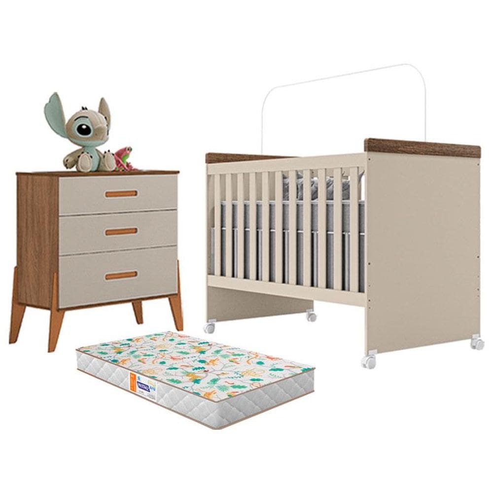 Berço Mini Cama Lívia e Cômoda Gaveteiro Emilly Off White Carvalho com Colchão Gazin - Canaã
