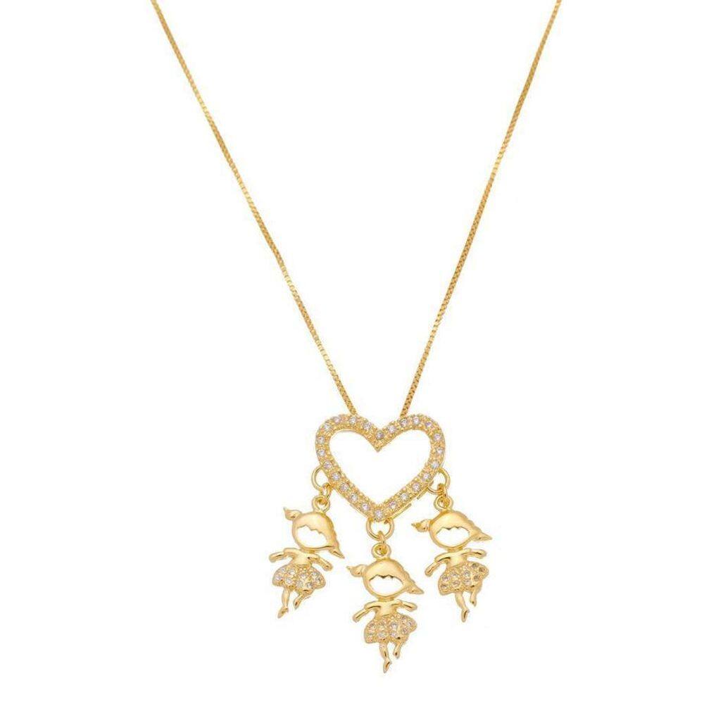 Colar Com Pingente Três Meninas Banho De Ouro