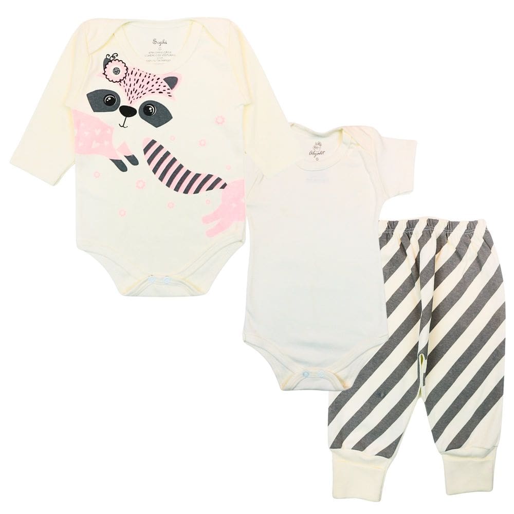Kit Body Bebê Longo e Curto Algodão Bege Estampado Menina