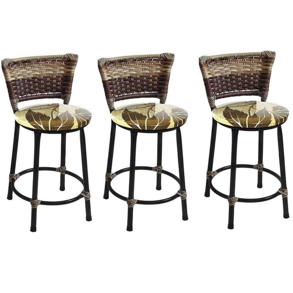 Kit 3 Banquetas Baixas Preta com Encosto Junco Capuccino Assento Floral Marrom