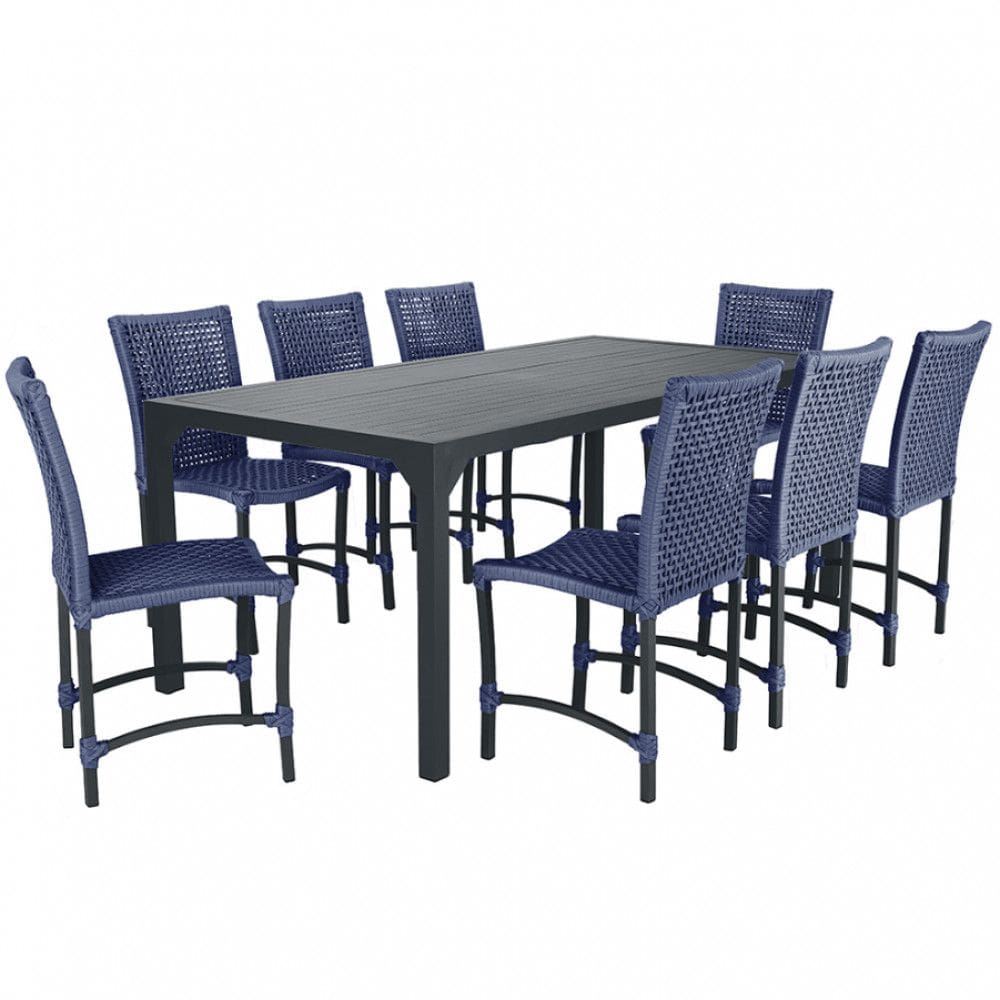 Conjunto 8 Cadeiras Cannes Corda Náutica e Mesa Retangular Ripada 2,00m em Alumínio para Edícula, Jardim, Área, Varanda, Cozinha - Pintura Preta