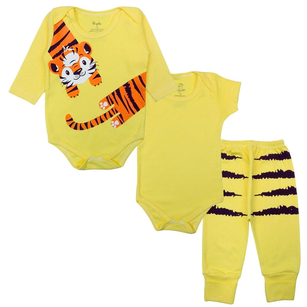 Kit Body Bebê Longo e Curto Algodão Amarelo Estampado Menino