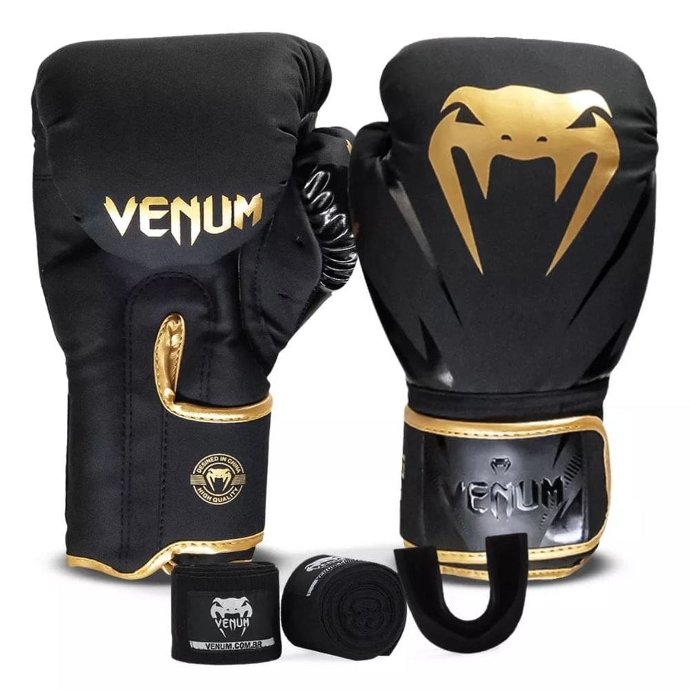 Kit Boxe Venum Impact 2.0: Luva + Bandagem + Bucal - Gold