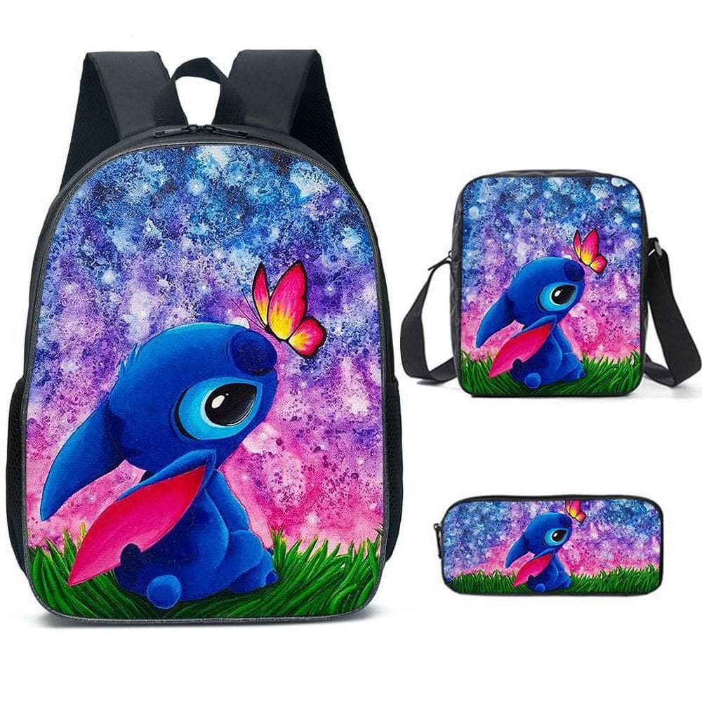 Conjunto de mochilas de poliéster casual Stitch para adolescentes, 3 peças