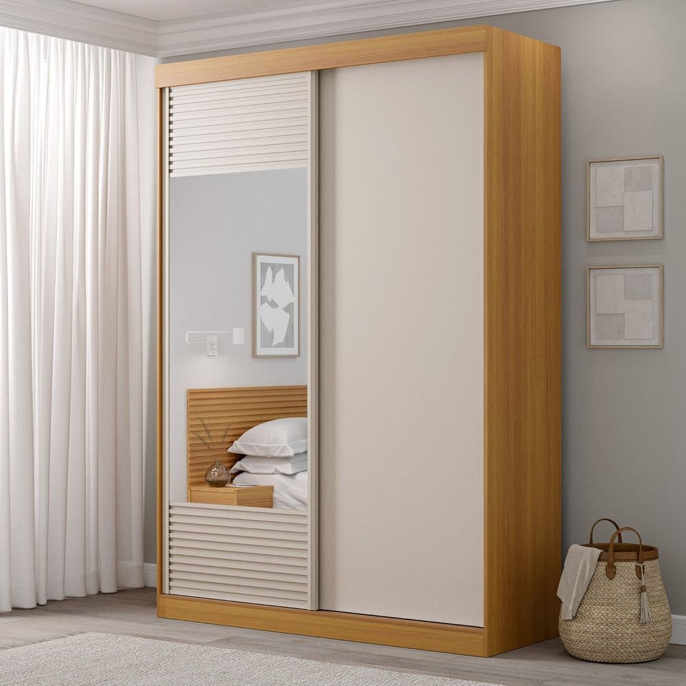 Guarda-roupa Solteiro 2 Portas 1 Porta com Espelho Samambaia Cabecasa Madeiramadeira Carvalho/Off White