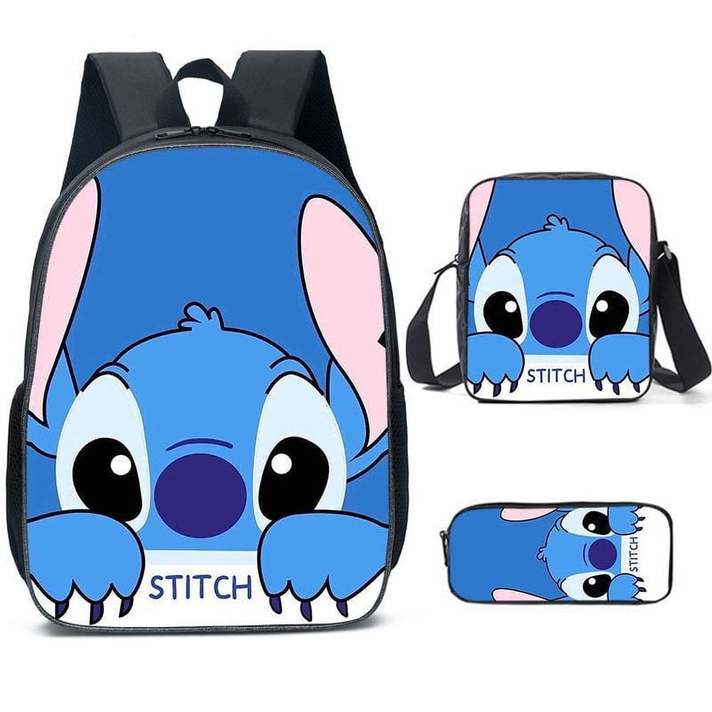 Conjunto de mochilas de poliéster casual Stitch para adolescentes, 3 peças