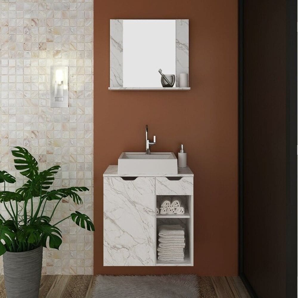 Conjunto de Banheiro com Gabinete Suspenso 60cm e Espelheira com Prateleira Mármore/Branco