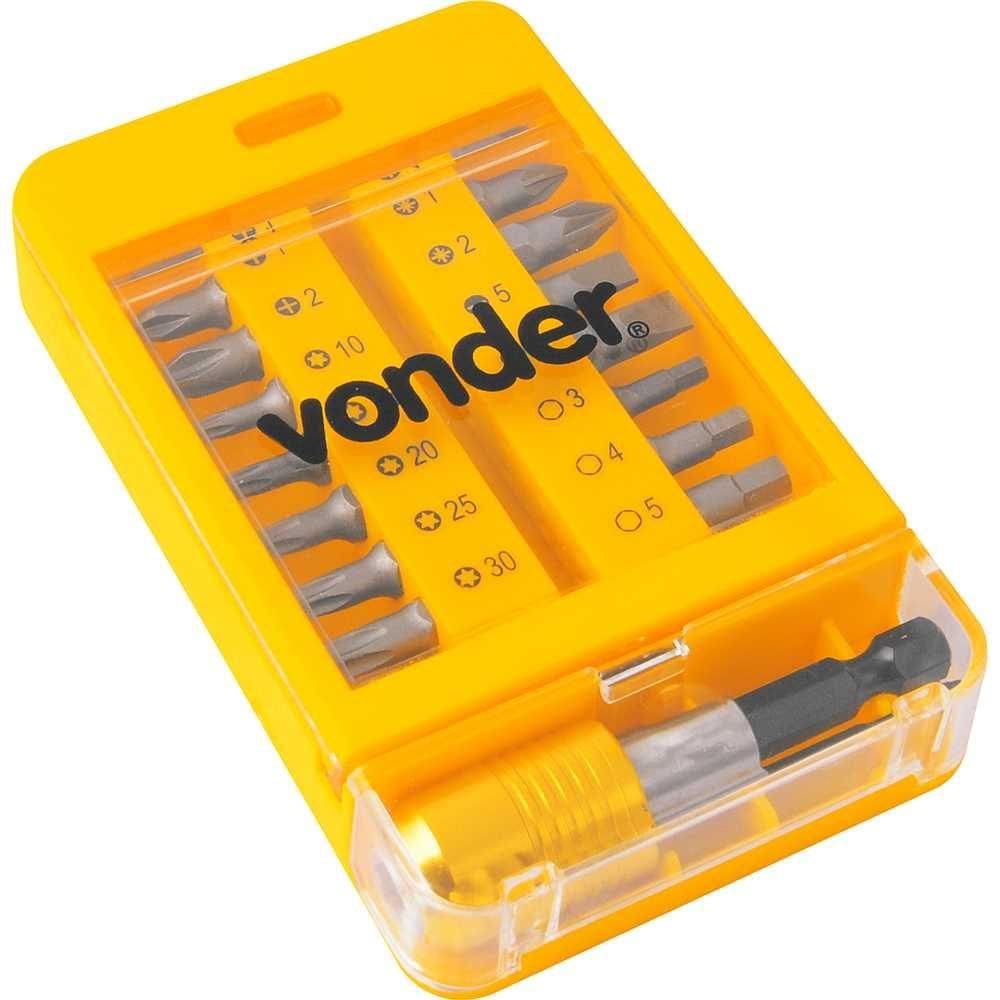 Jogo de bits/ponteiras com 15 peças encaixe sextavado 1/4\" com engate rápido VONDER