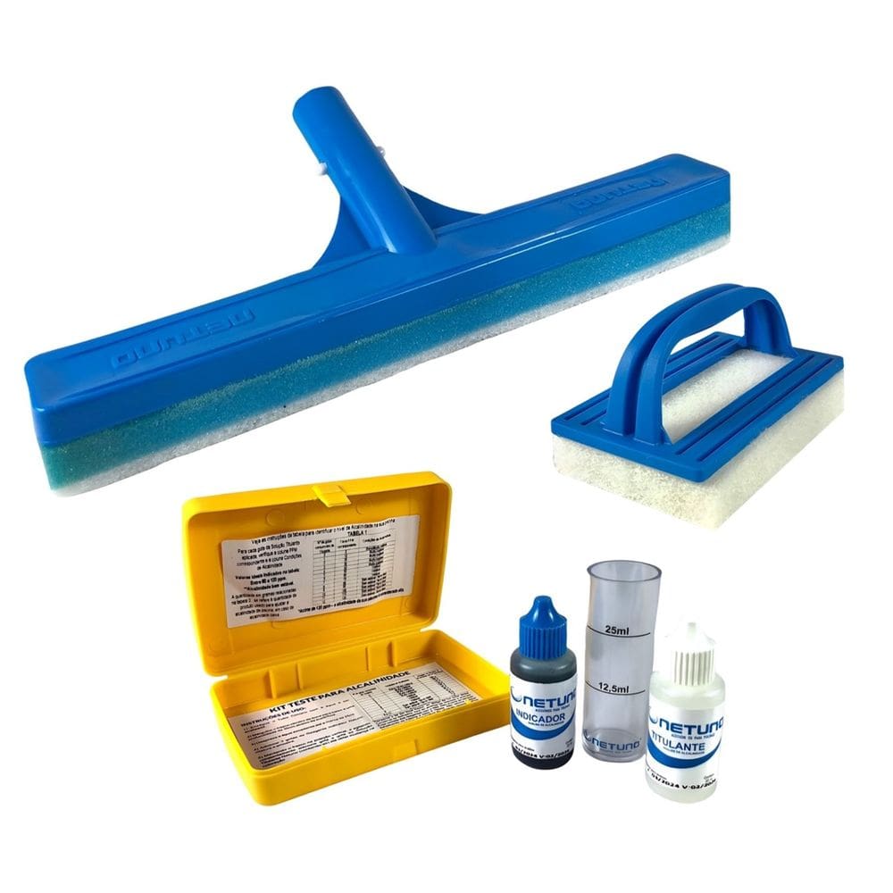 Kit Rodo Multiuso Esponja Limpa Borda De Piscina Estojo Teste Alcalinidade Água - Netuno