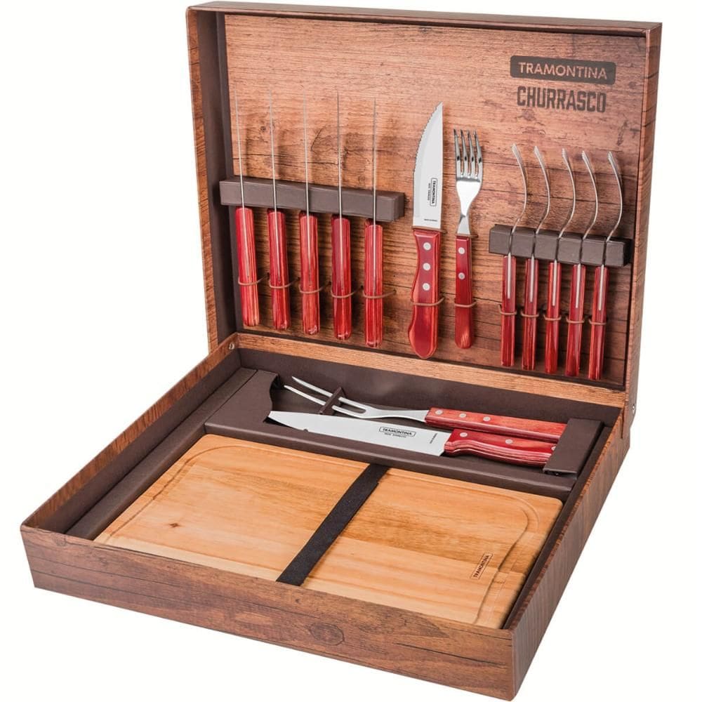 Kit Talheres Jumbo e Tábua para Churrasco Tramontina Aço Inox Madeira Polywood Vermelha 15 peças