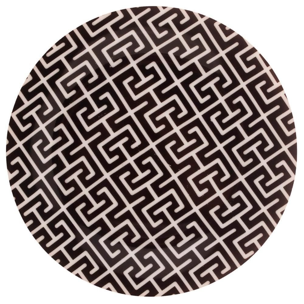 Prato de Sobremesa em Porcelana Egypt Lyor 19,5cm Raso Preto e Branco Decorado para Lanche
