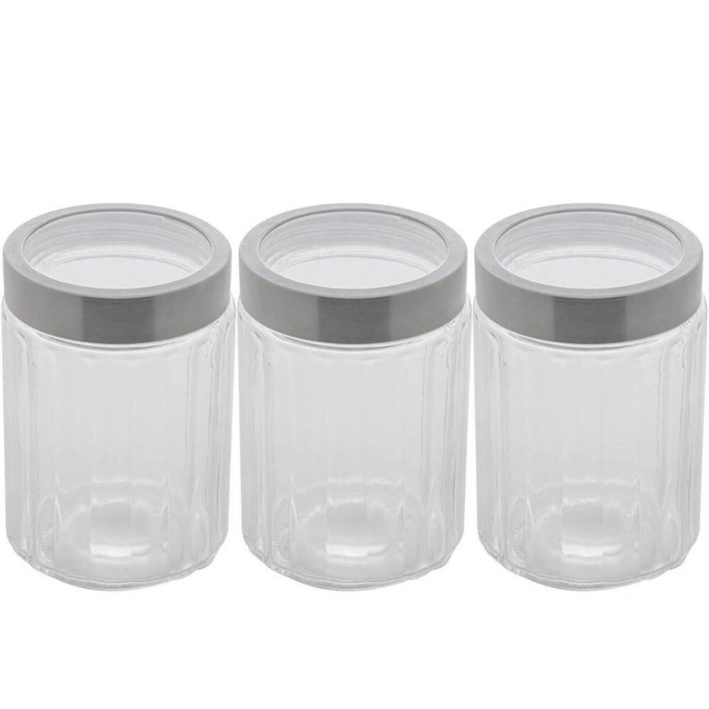 Kit 3 Potes Vidro Borossilicato Lyor 1,2L cada Tampa Prata Sydney Porta Mantimentos Condimentos