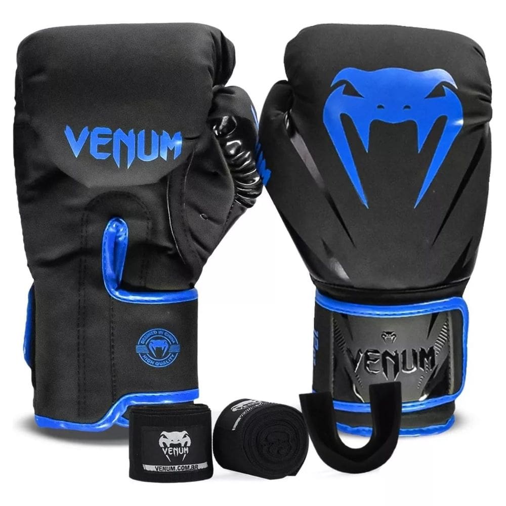 Kit Boxe Venum Impact 2.0: Luva + Bandagem + Bucal - Azul