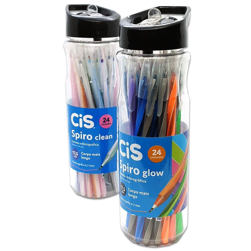 48 Canetas Spiro CiS Garrafa Colorida Glow + Garrafa Clean