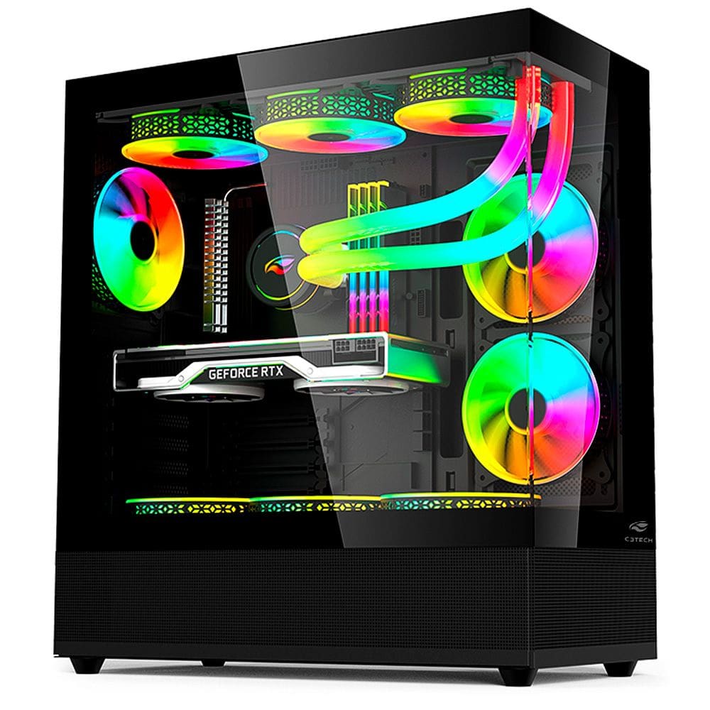 Gabinete Gamer C3Tech Gaming Aquarius MT-G850BK, Mid Tower, Lateral e Frontal Em Vidro Temperado, Sem Fonte - Preto