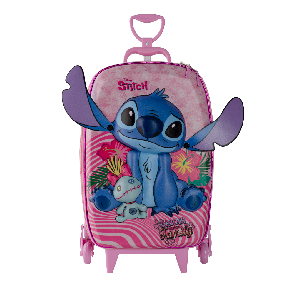 Mochila Escolar Roda Tripla 3D Stitch Rosa Infantil Meninas
