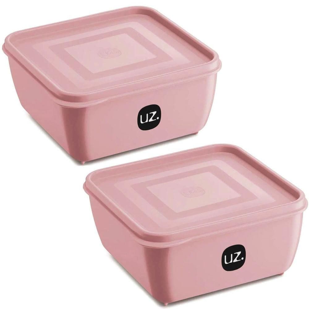 2 Potes Plásticos UZ Rosa Quadrado Multiuso 1,5L com Tampa P