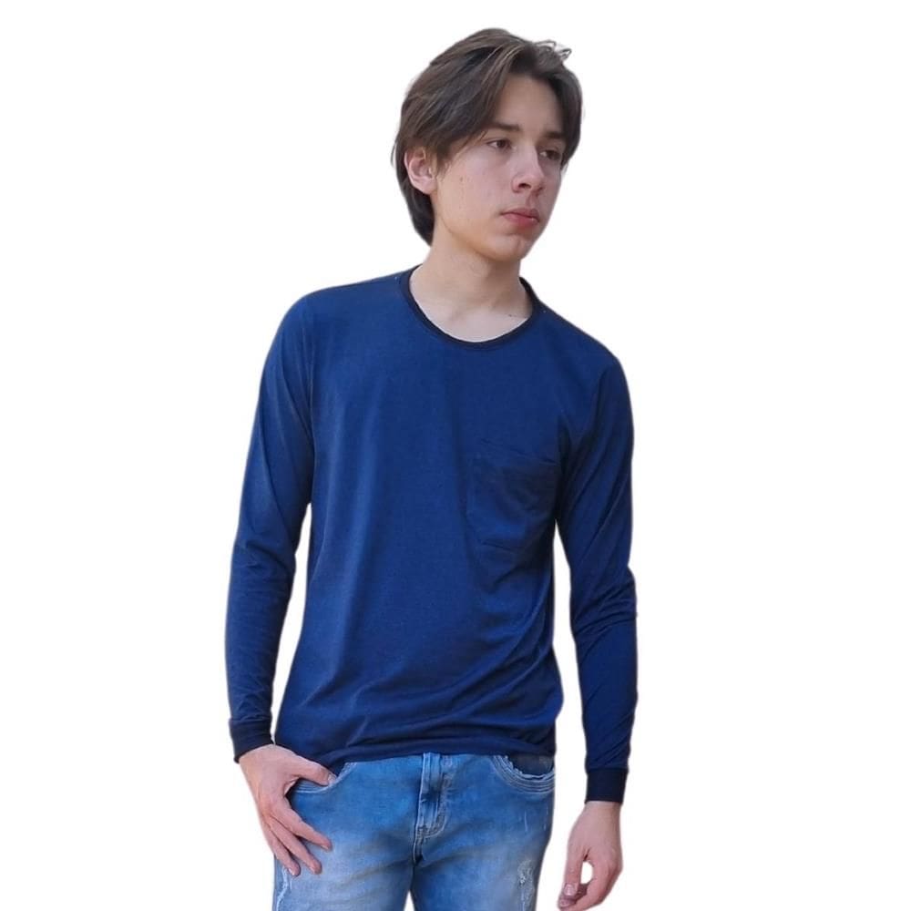 Camiseta Masculina Manga Longa Punho Bolso Básica Casual