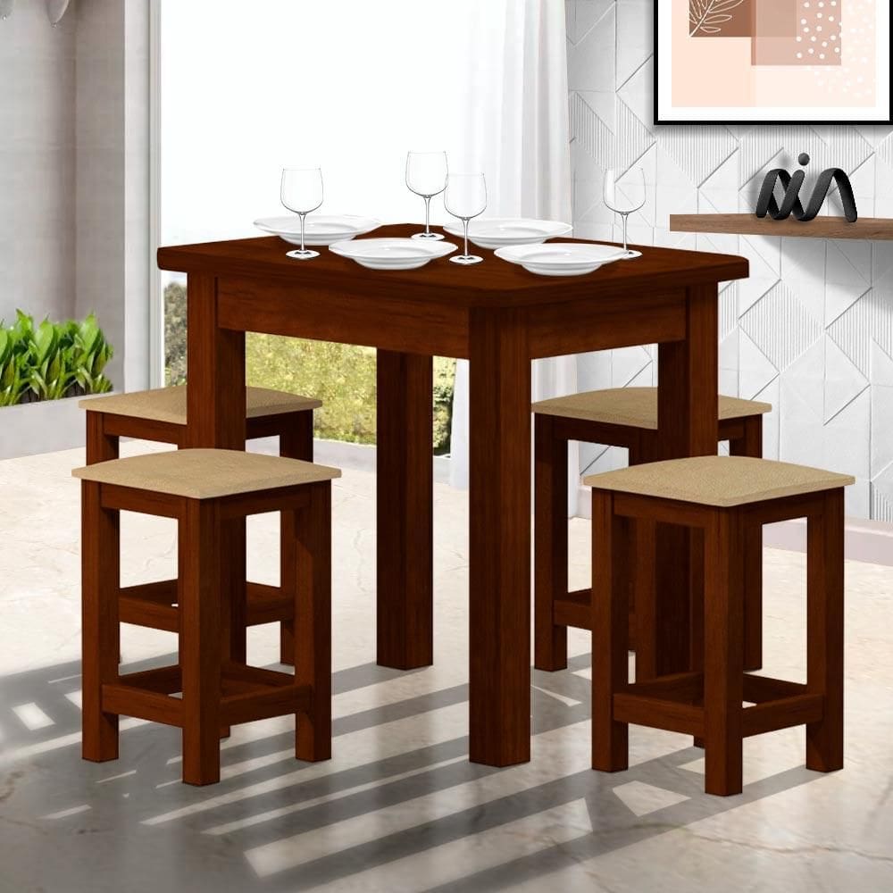 Conjunto Mesa De Jantar Madeira Maciça Safira Com 4 Lugares Estofados Castanho Shop JM
