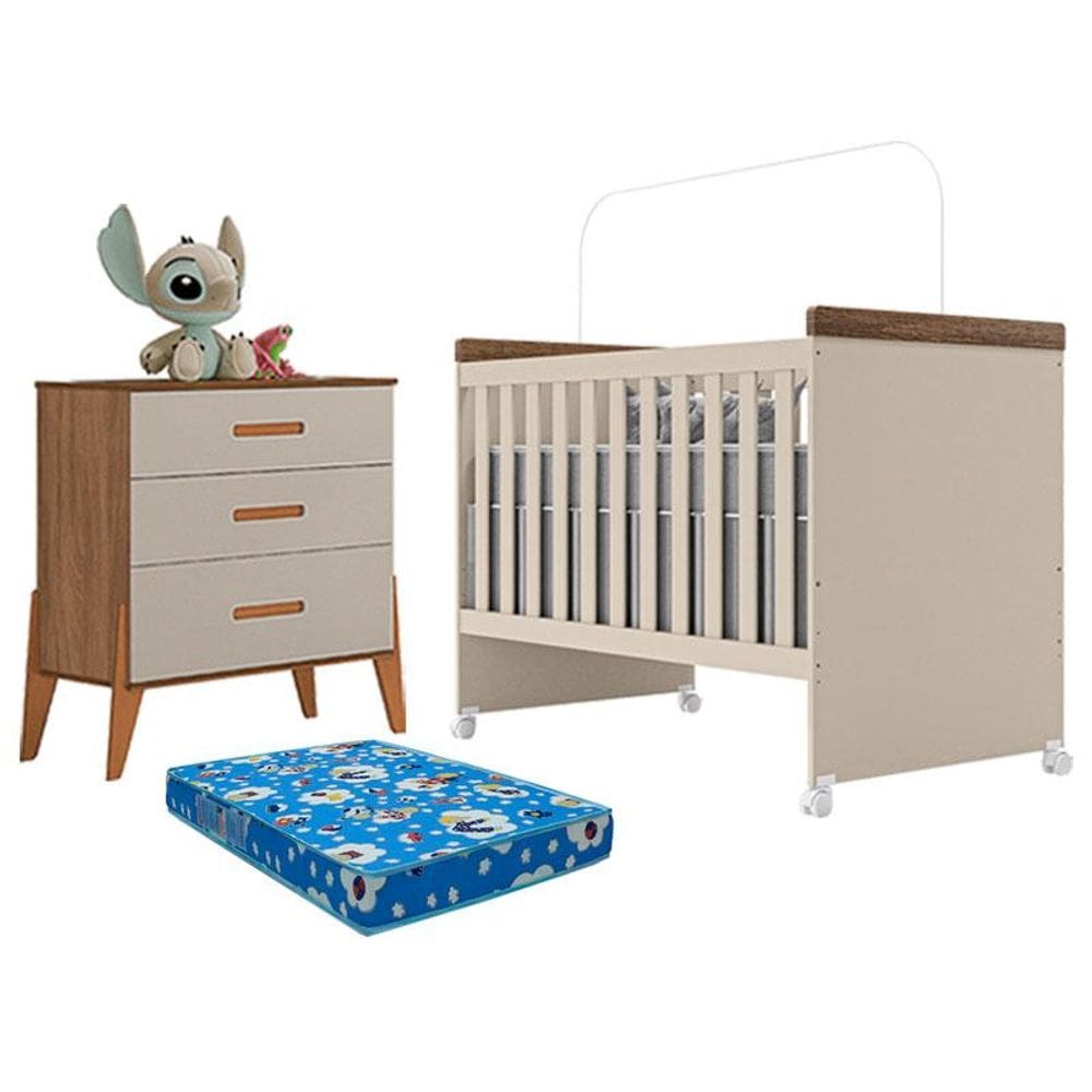 Berço Mini Cama Lívia e Cômoda Gaveteiro Emilly Off White Carvalho com Colchão Ortobom - Canaã