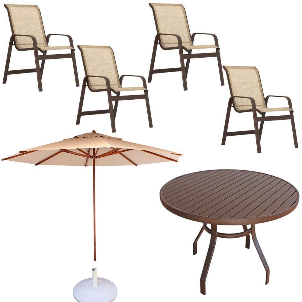 Conjunto Lótus Com Mesa 80cm Ripada 4 Poltronas Ombrelone 2,40m Com Base Marrom claro