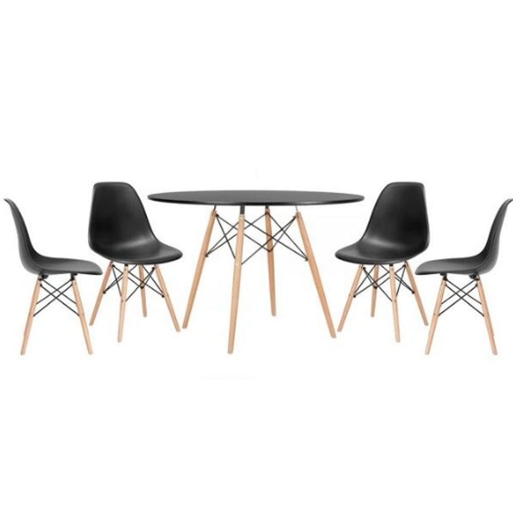 Conjunto de Mesa de Jantar Eames Eiffel Redonda 110cm Tampo de Madeira Preto com 4 Cadeiras Pretas