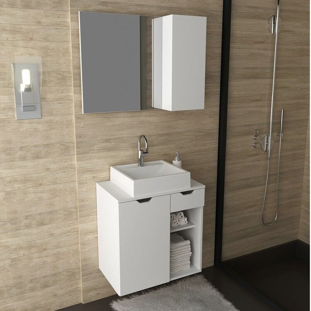 Conjunto de Banheiro com Gabinete Suspenso 60cm e Espelheira 80cm Branco
