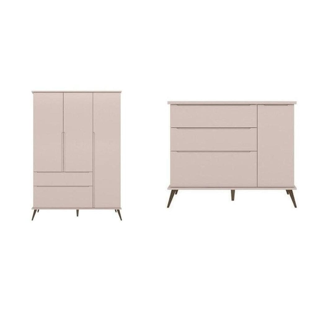 Conjunto Quarto Infantil com Guarda-roupa 3 Portas e Cômoda com Sapateira Melinda 100% Mdf Rosa