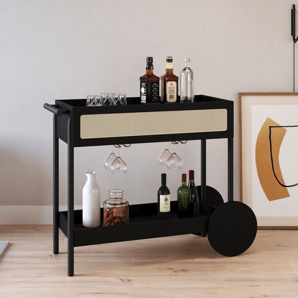 Carrinho Bar 1 Gaveta 112cm com Porta Taças Palhinha Pé Madeira Oslo Nero/Preto