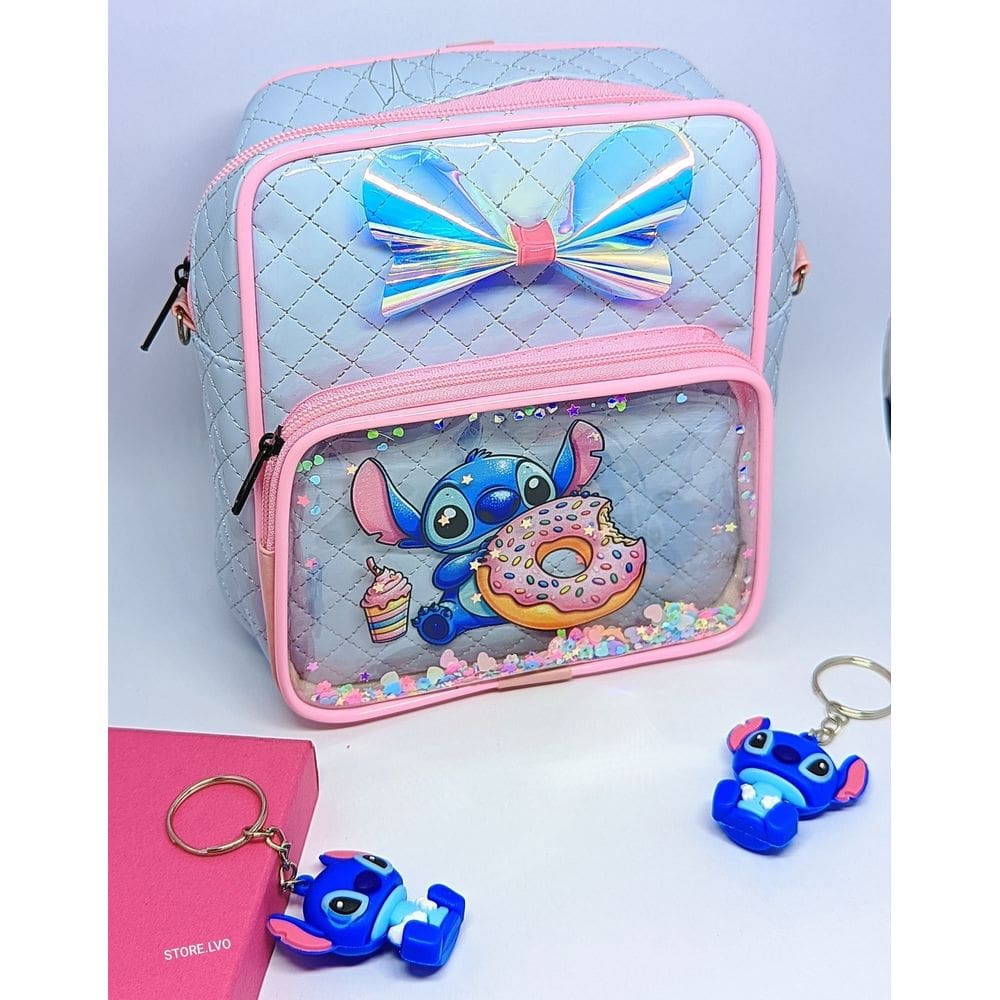 Kit Mochila Bolsa infantil Menina Disney Lilo Stitch com Glitter + Chaveiro com Boneco Miniatura Stitch 3D Presente