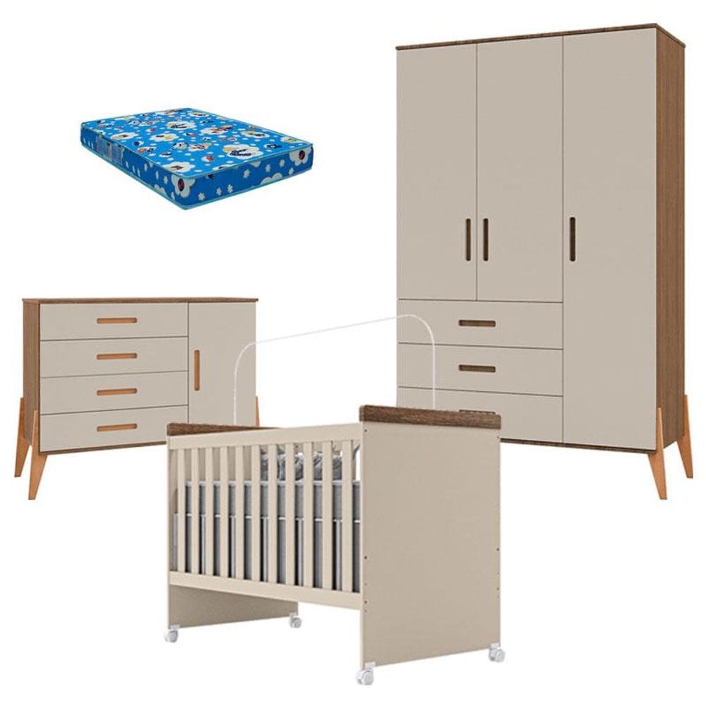 Quarto de Bebê Emilly 3 Portas e Berço Mini Cama Lívia Off White Carvalho com Colchão Ortobom - Canaã