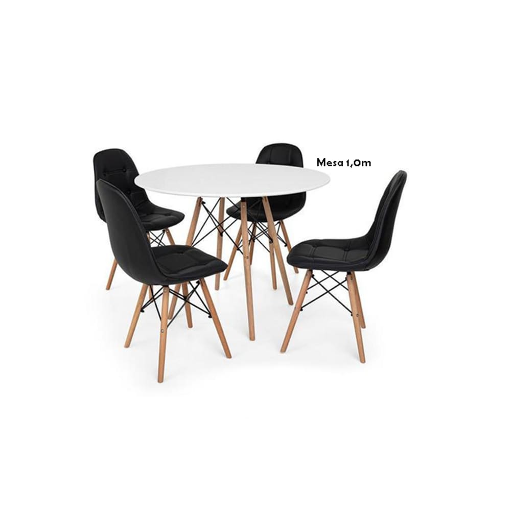 Conjunto de Mesa de Jantar Eames Eiffel Redonda 120cm Tampo de Madeira Branco com 4 Cadeiras Pretas