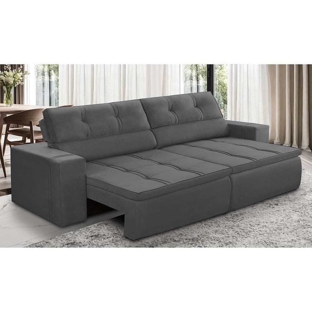 Sofá Retrátil e Reclinável 3 lugares 1,90m com Molas Stella Suede Cinza Adonai Estofados