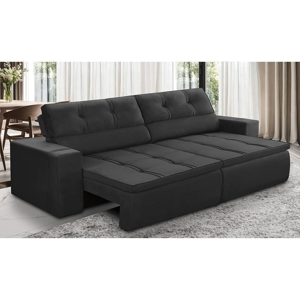 Sofá Retrátil e Reclinável 3 lugares 1,90m com Molas Stella Suede Preto Adonai Estofados
