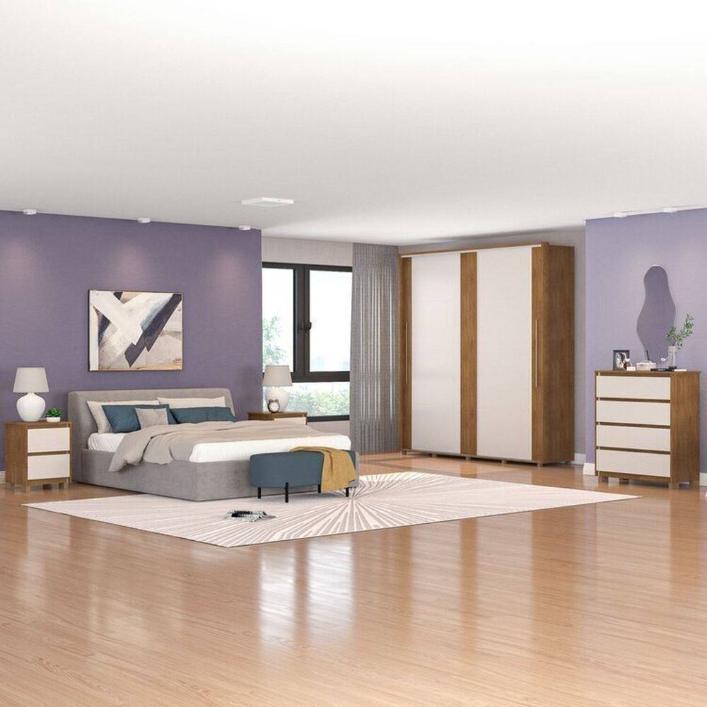 Quarto Guarda Roupas 2 Portas Cômoda 4 Gavetas 2 Mesas de Cabeceira 2 Gavetas Freijó / Off White
