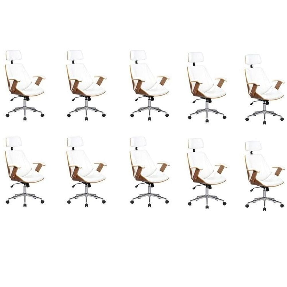 Kit 10 Cadeiras de Escritório Presidente Giratória com Apoia Cabeça Office Lisboa Branco/Marrom