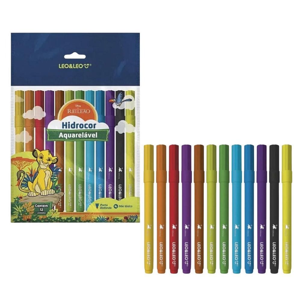 Caneta Hidrocor Escolar Rei Leão Pack Com 12 Cores - Leo&Leo