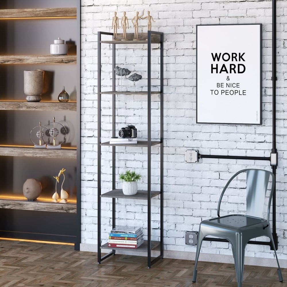 Estante para Livros Industrial Multiuso 5 Prateleiras 187x45cm Dynamica Yescasa Carvalho Dark / Preto