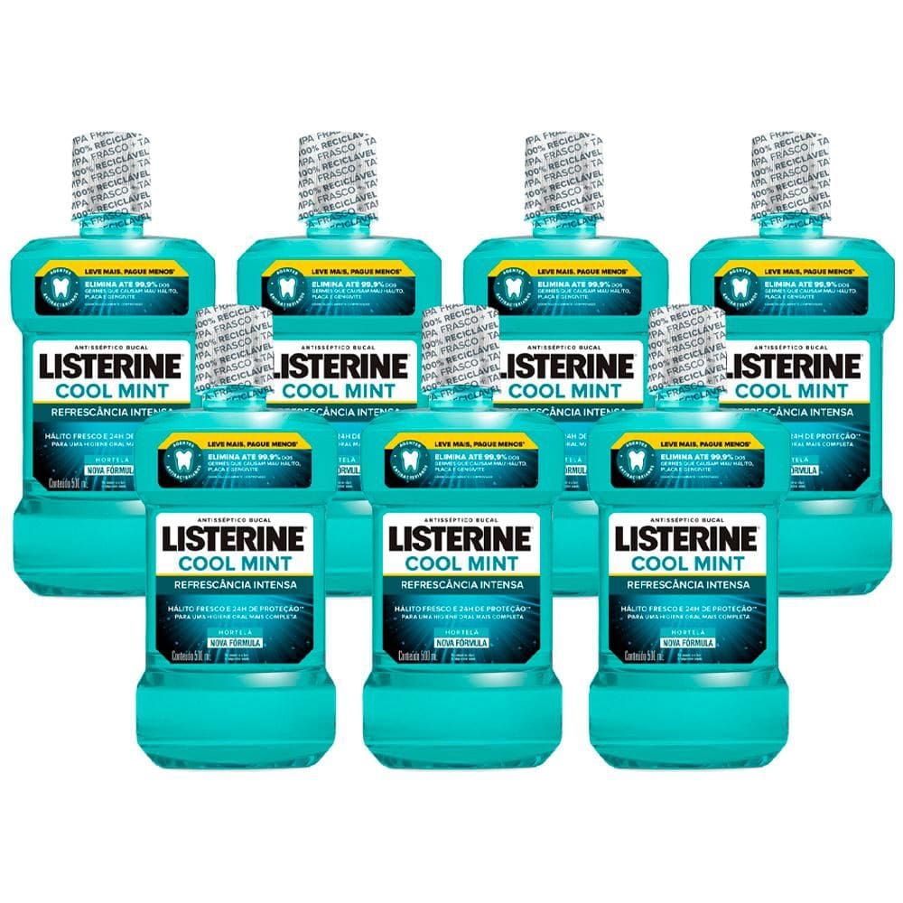 Kit com 7 Antisséptico Bucal Listerine Cool Mint Leve 500ml Pague 350ml