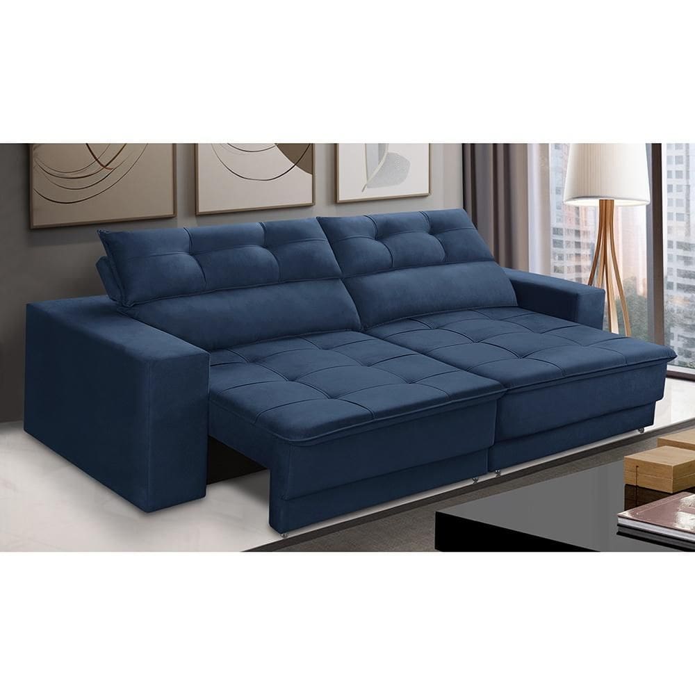 Sofá Retrátil e Reclinável 3 lugares 2,50m com Molas Emily Suede Azul Adonai Estofados